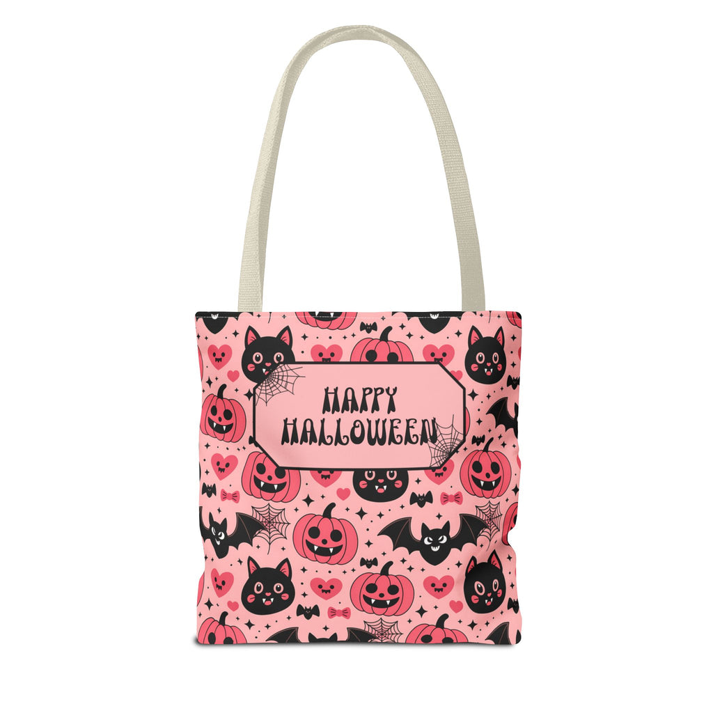 Pink Halloween Trick or Treat Bag  -Personalizable Carryall with Cute Cats, Bats and Jack-O'-Lanterns