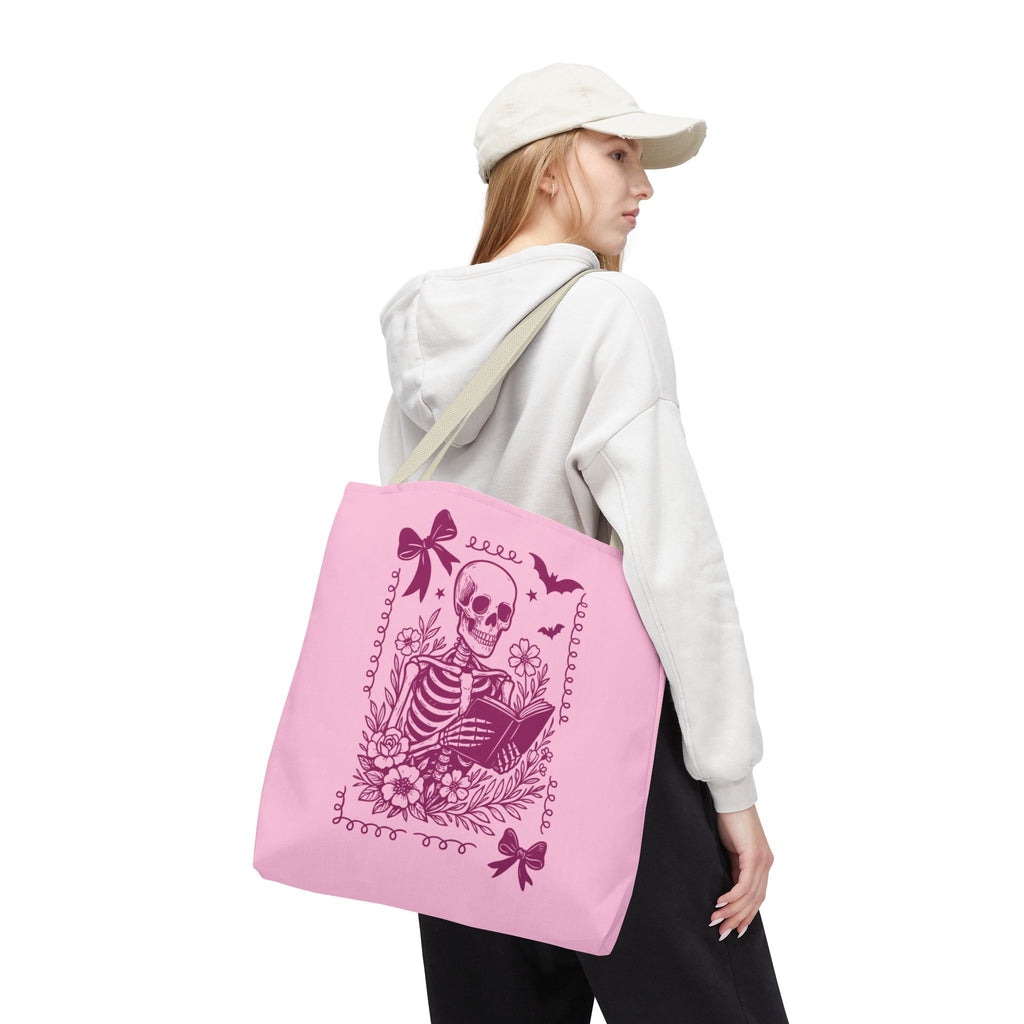 Floral Pink Reading Skeleton Tote Bag  - Cute Gothic Booklover Tote