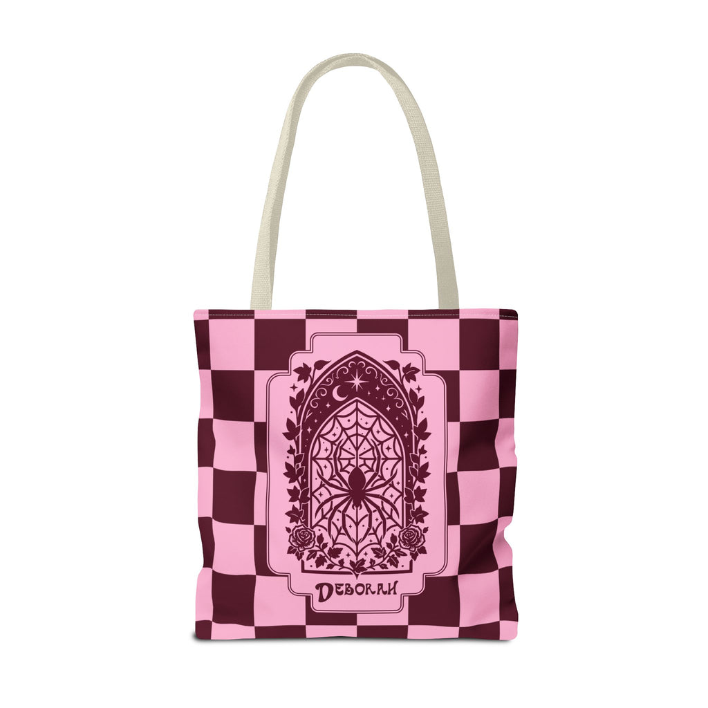 Personalizable Pink and Burgundy Retro Goth Tote with Mystic Spider Stained Glass Design