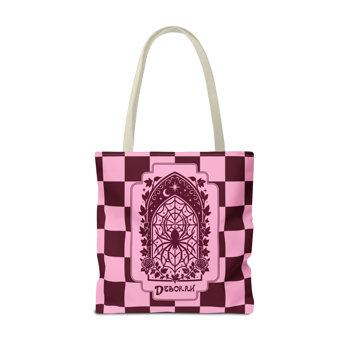 Personalizable Pink and Burgundy Retro Goth Tote with Mystic Spider Stained Glass Design