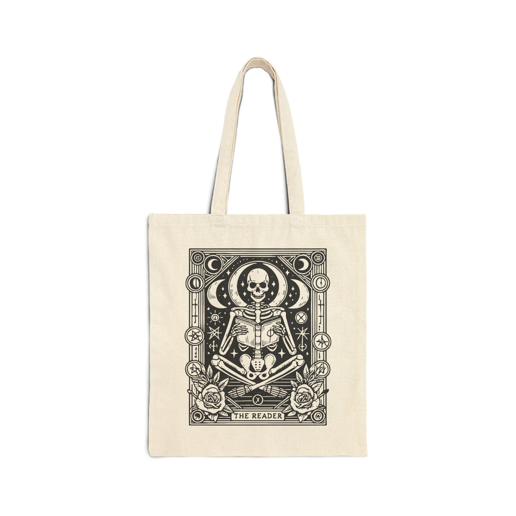The Reader Skeleton Tarot Design in Black Cotton Canvas Tote