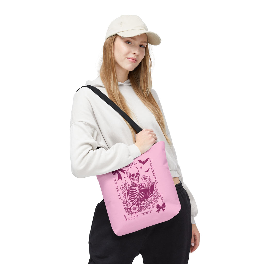 Floral Pink Reading Skeleton Tote Bag  - Cute Gothic Booklover Tote