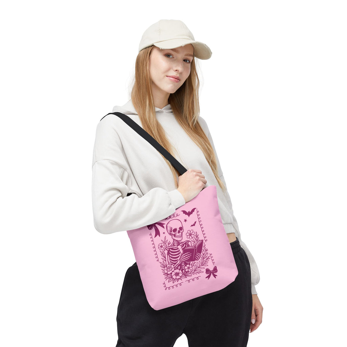 Floral Pink Reading Skeleton Tote Bag  - Cute Gothic Booklover Tote