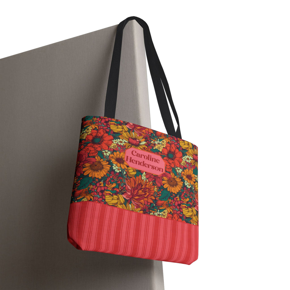 Personalizable Floral Tote - Floral Striped Harvest Tote Bag