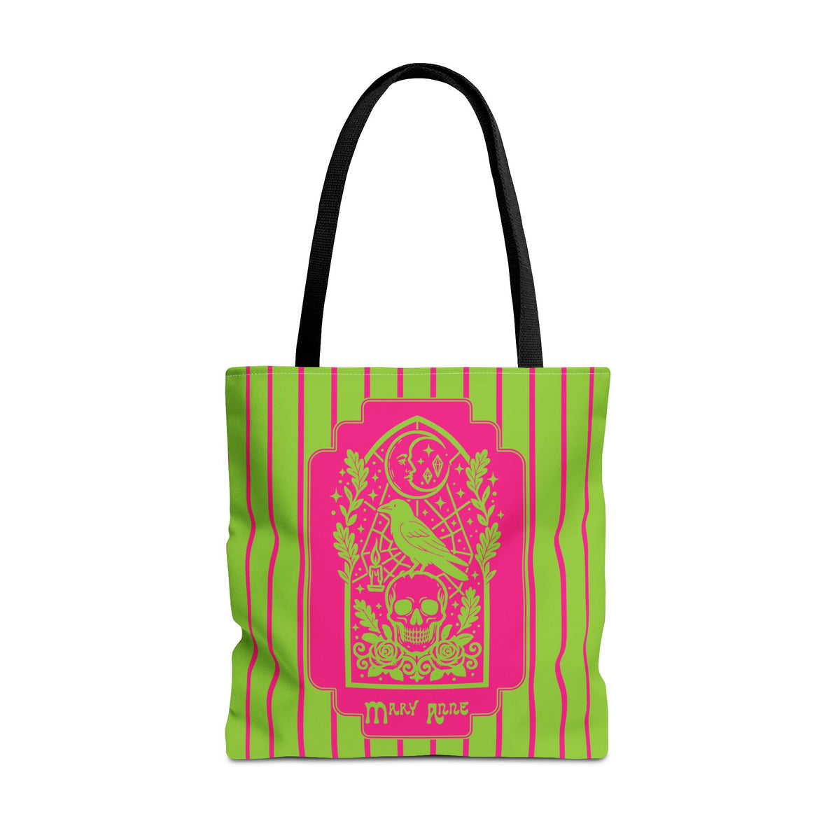 Neon Gothic Raven and Skull Tote Bag - Personalizable Pink and Green Retro Goth Carryall