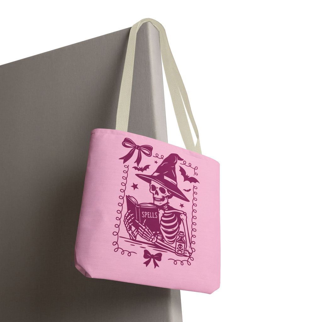 Pink Reading Witch Skeleton Tote Bag — Cute Coquette Frame Halloween Tote