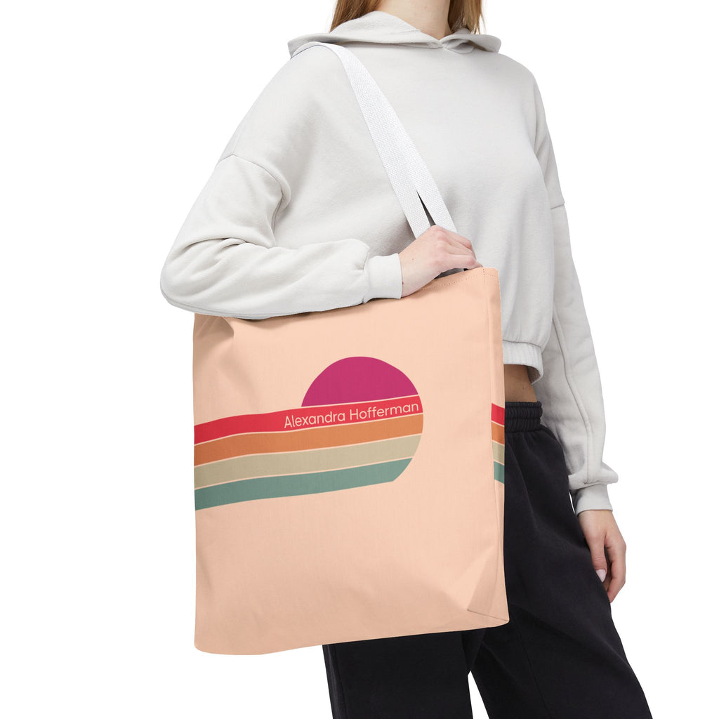 Personalizable Retro Sunset Tote Bag — Pastel Stripes Beach Vibe Carryall