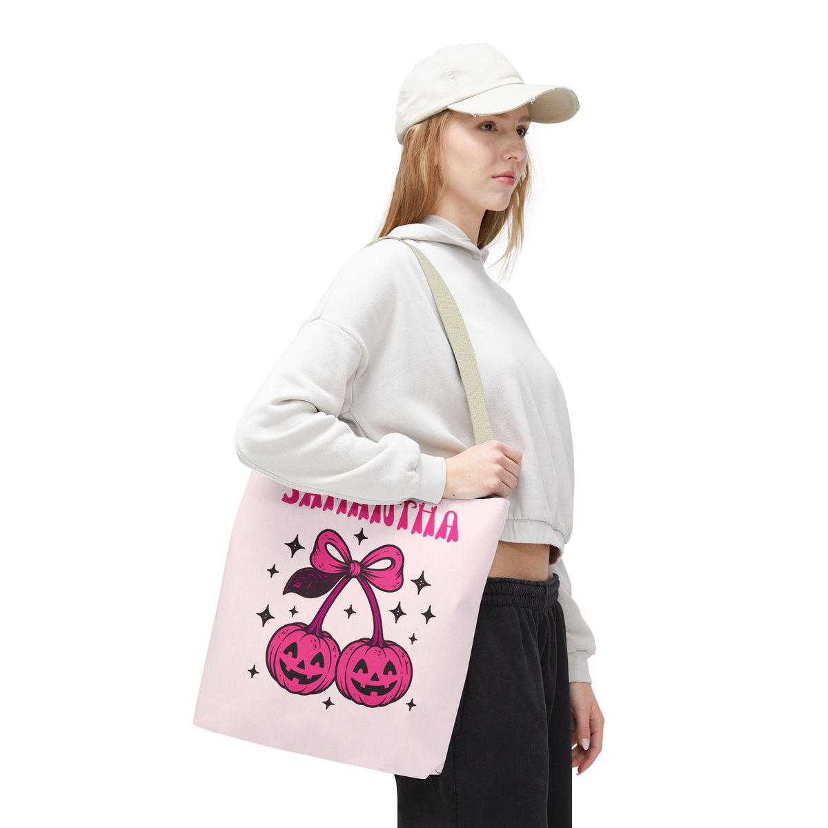 Personalized Halloween Tote - Pink Pumpkin Cherries "So Cute It's Spooky" Trick or Treat Bag