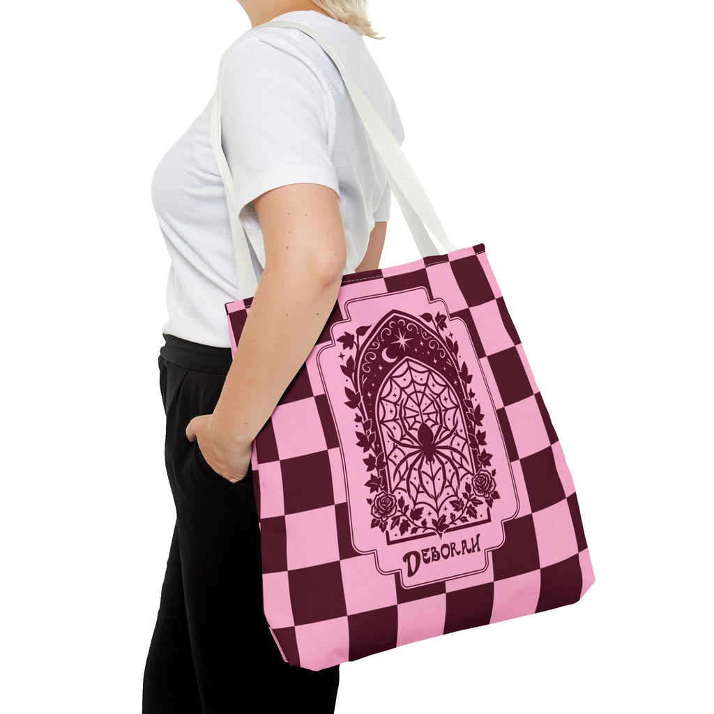 Personalizable Pink and Burgundy Retro Goth Tote with Mystic Spider Stained Glass Design