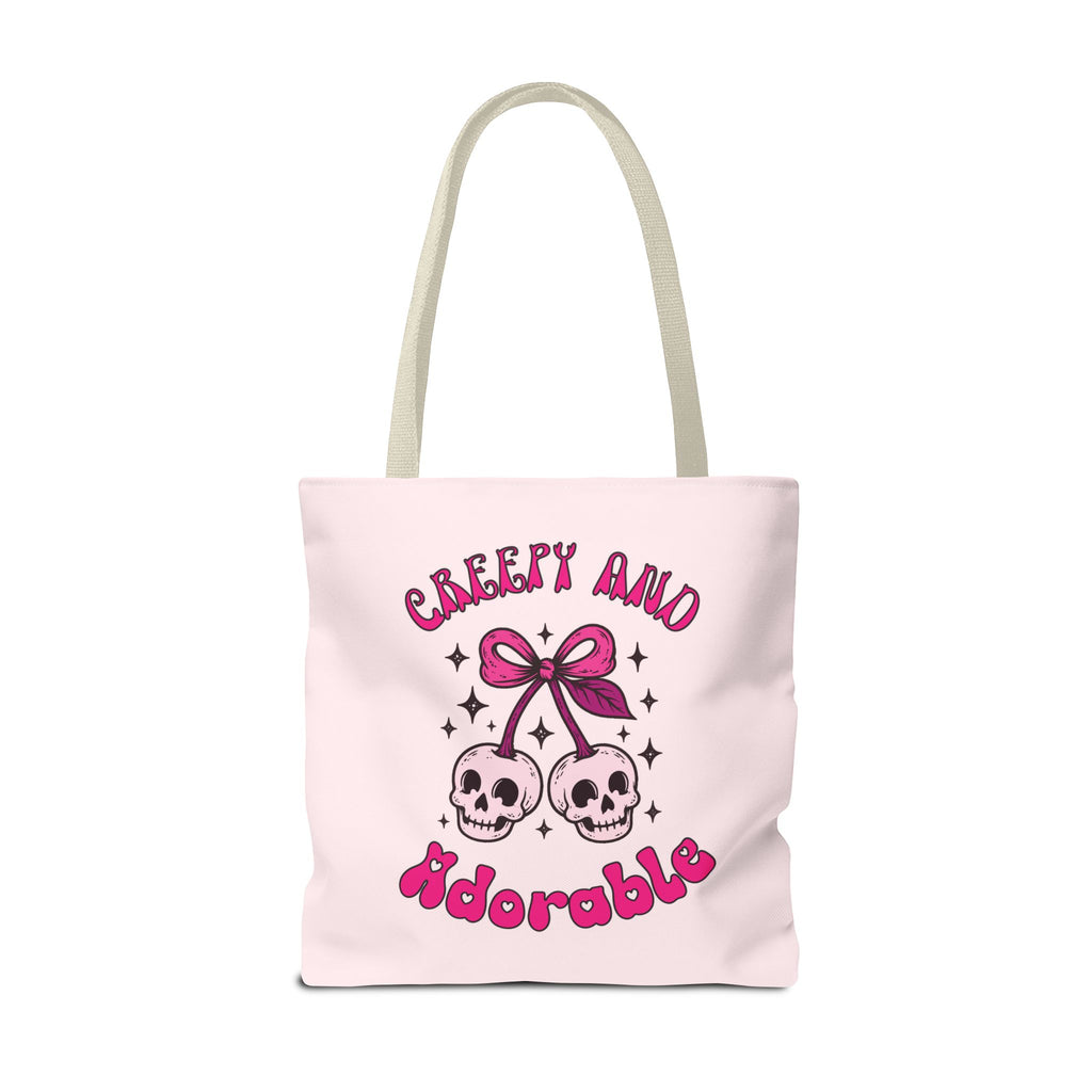 Personalized 'Creepy and Adorable' Pink Skull Cherries Tote Bag - Custom Trick-or-Treat Keepsake