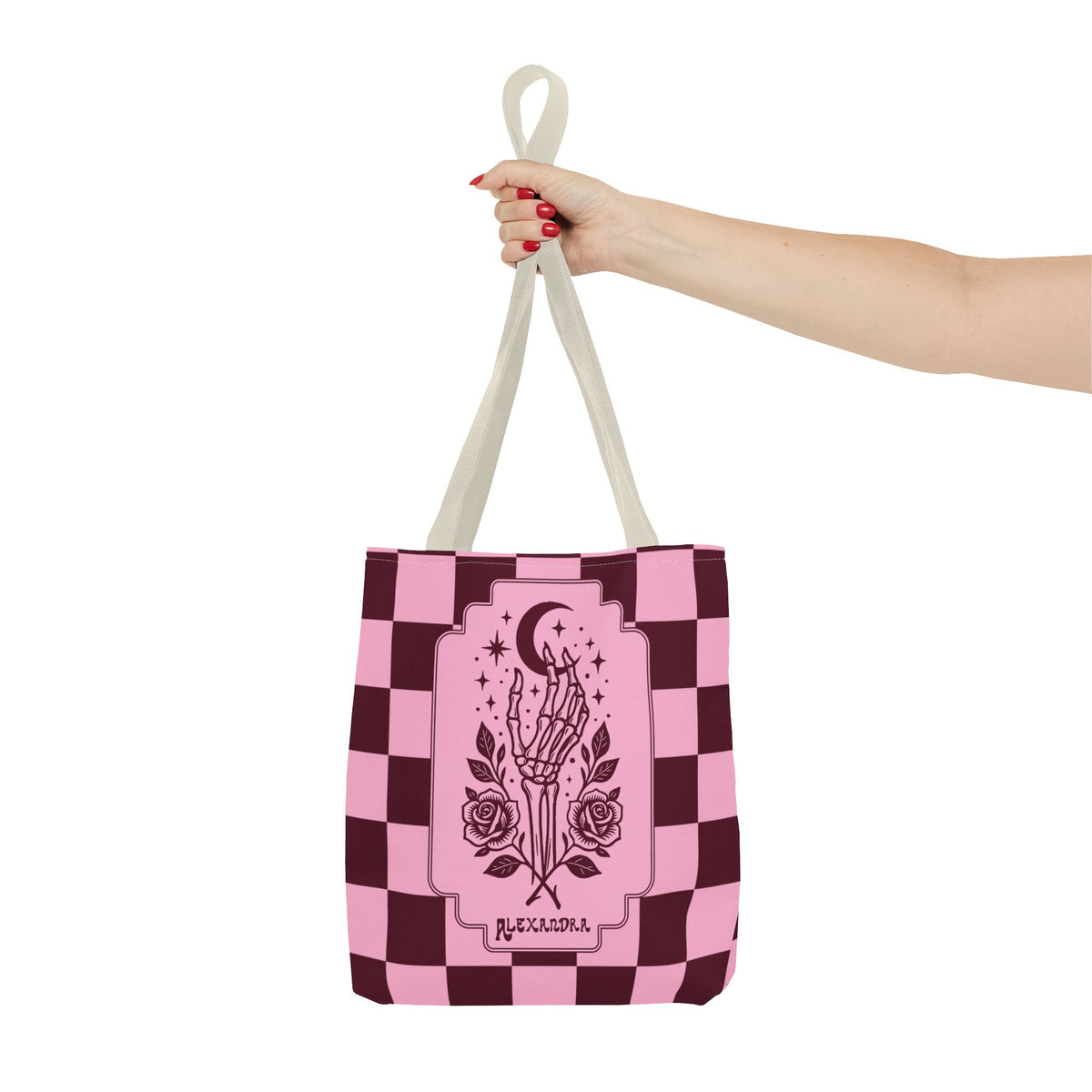 Personalizable Pink Checker Skeletal Hand Tote Bag — Gothic Moon and Roses Carryall