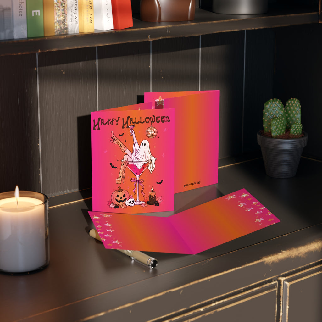 Happy Halloween Ghost Martini Disco Greeting Cards - Pack of 8/16/24