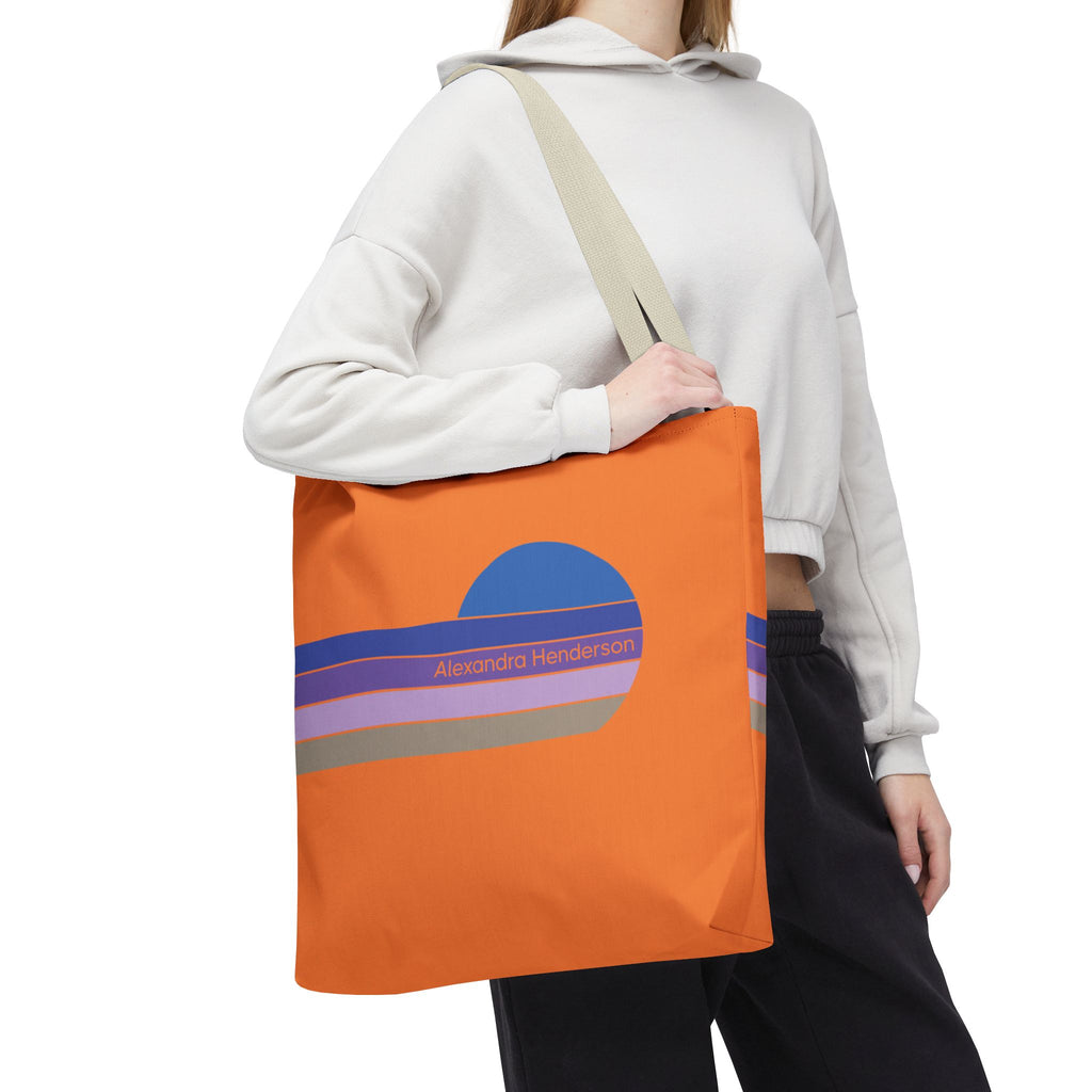 Orange Sunset Stripe Tote Bag – Retro Personalized Name Beach and Market Tote