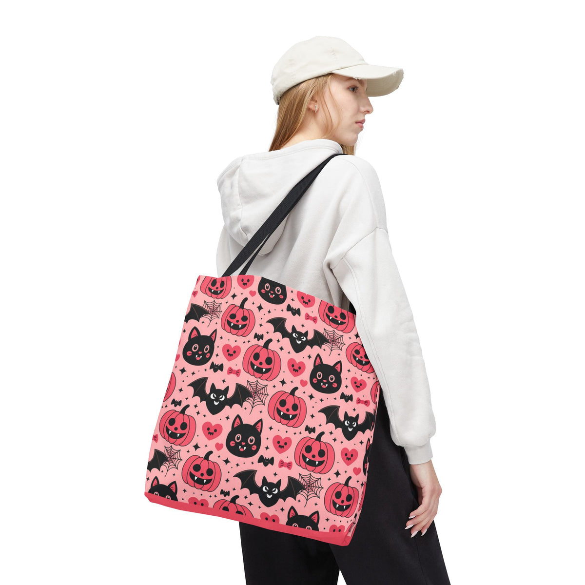 Cute Halloween Trick or Treat Tote Bag  - Pink Pumpkins, Black Cats and Bats Candy Carryall