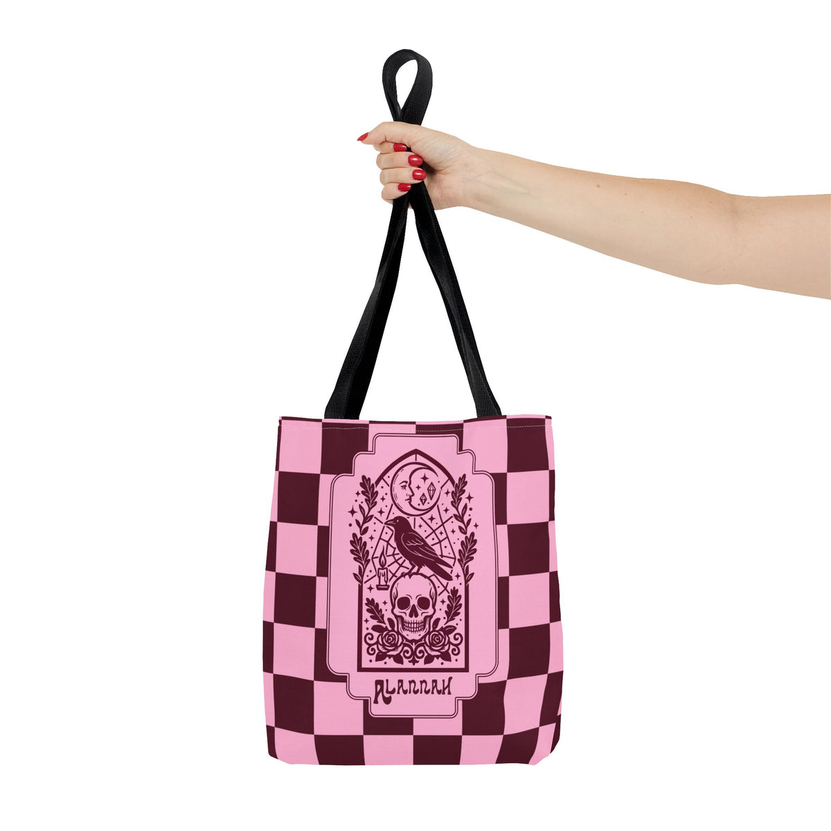 Gothic Raven and Skull Checkerboard Tote Bag - Personalizable Pink Retro Goth Carryall