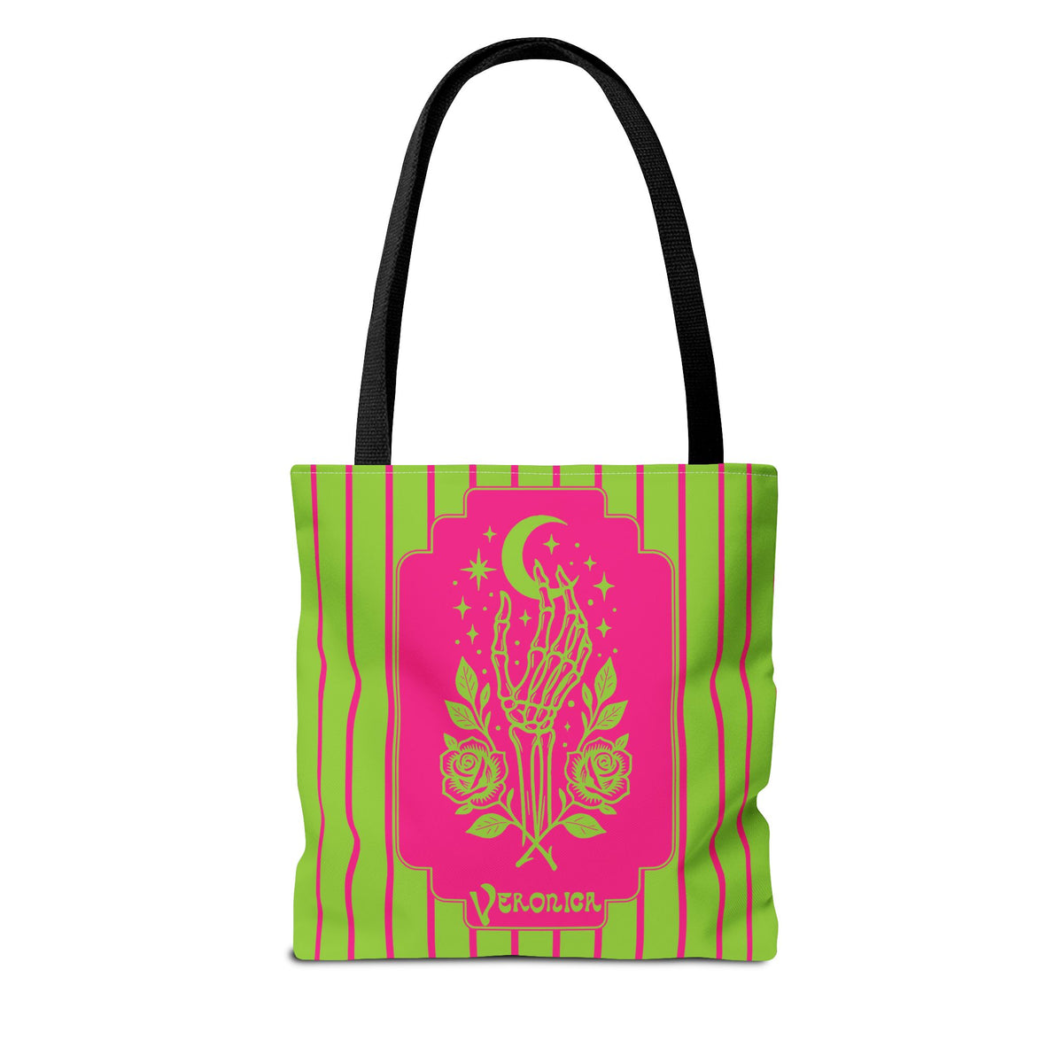 Mystic Skeletal Hand Tote Bag -Personalizable Retro Gothic Neon Moon and Roses Carryall
