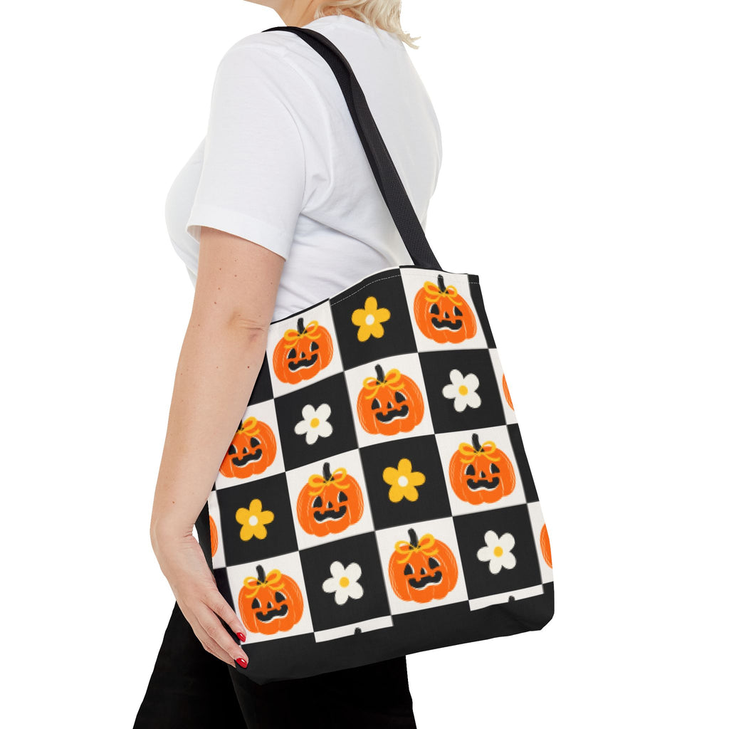 Coquette Pumpkin and Daisy Checkerboard Tote Bag - Cute Jack O Lantern Carryall