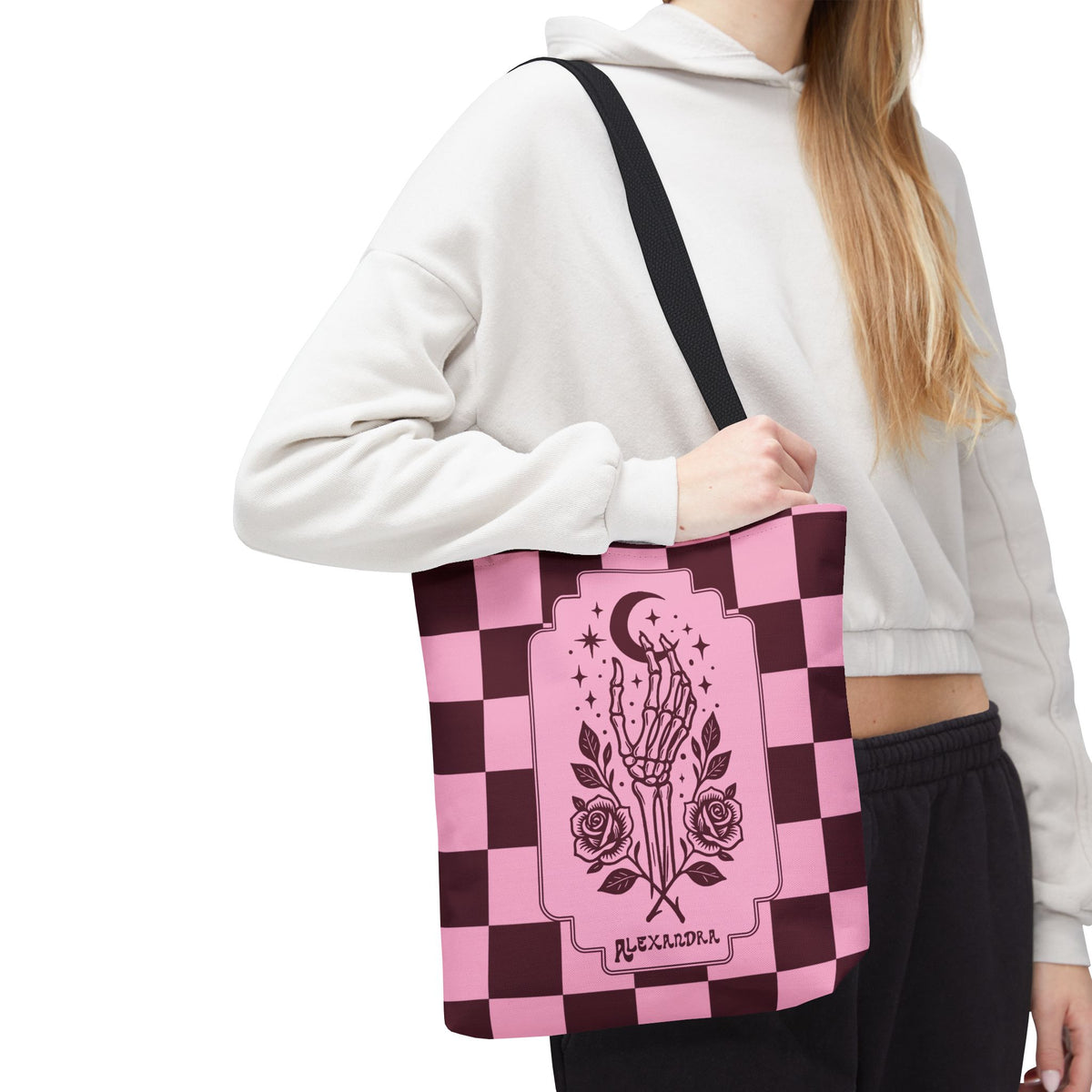 Personalizable Pink Checker Skeletal Hand Tote Bag — Gothic Moon and Roses Carryall