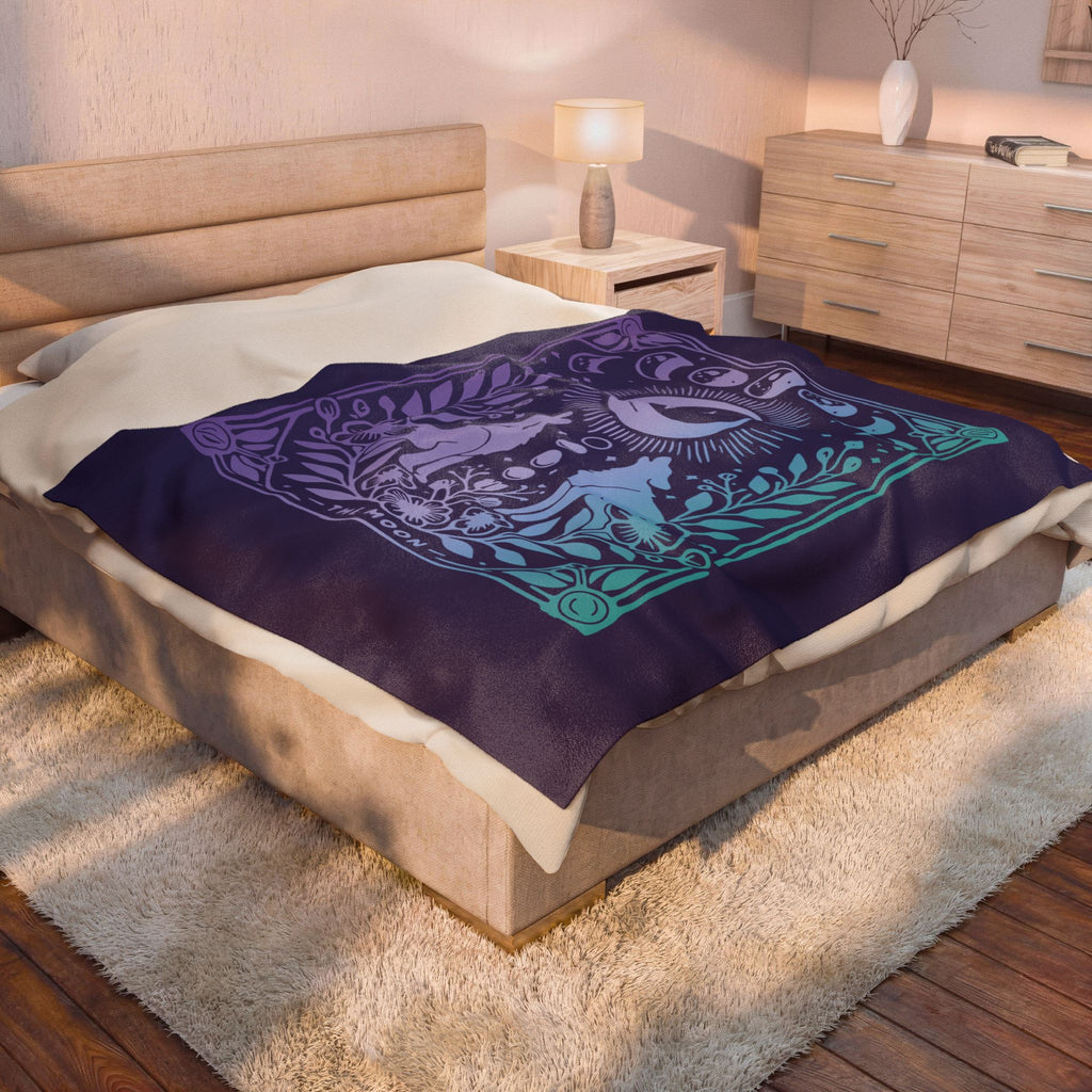 Celestial Moon Phases Blanket - Mystical Wolf and Moonlight Tarot Velveteen Plush Throw