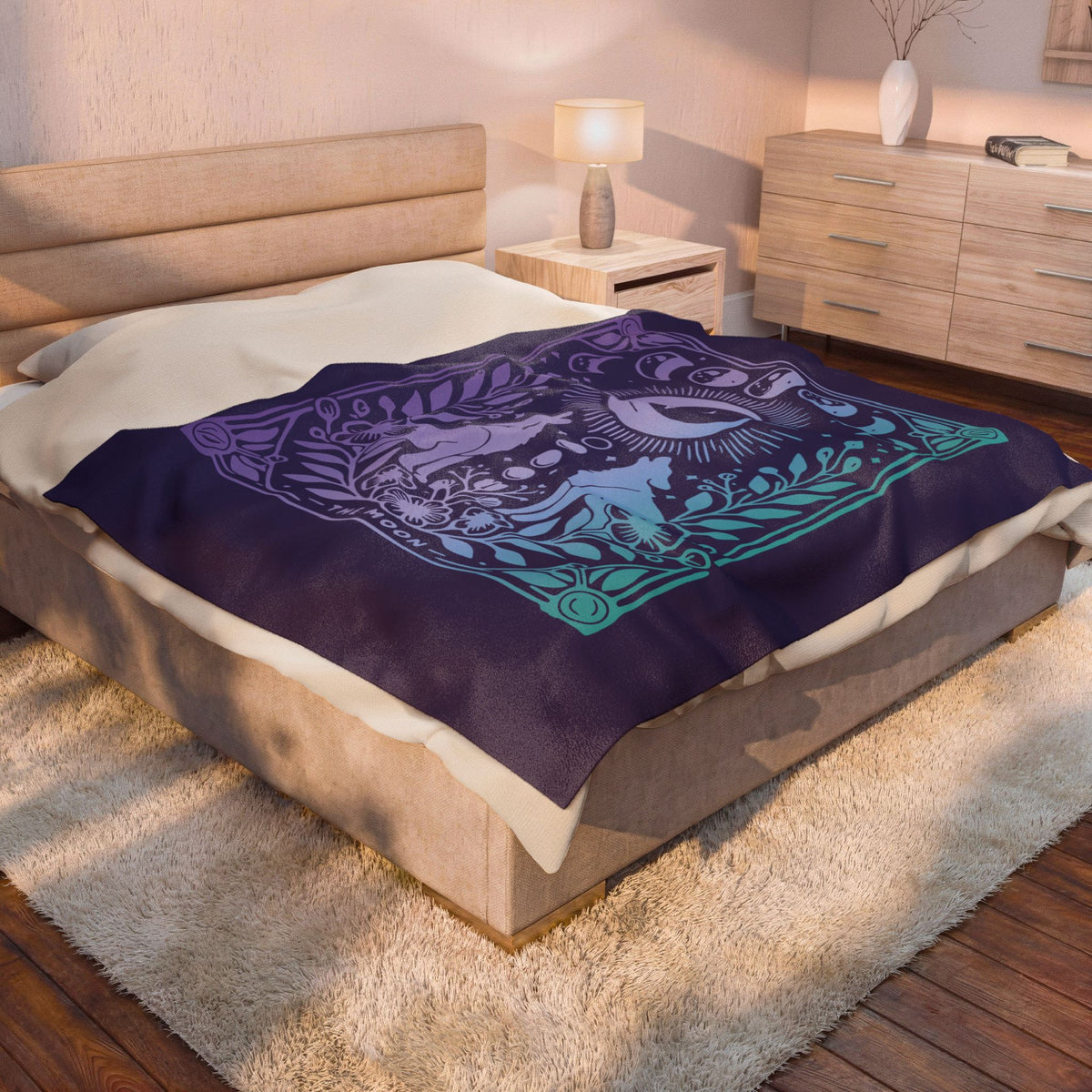 Celestial Moon Phases Blanket - Mystical Wolf and Moonlight Tarot Velveteen Plush Throw