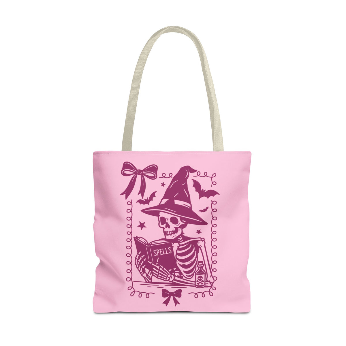 Pink Reading Witch Skeleton Tote Bag — Cute Coquette Frame Halloween Tote