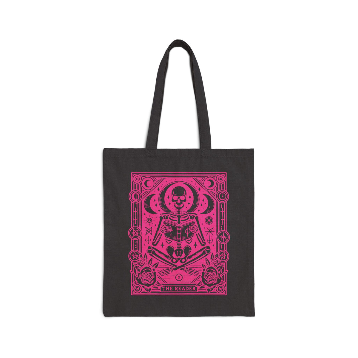 The Reader Skeleton Tarot Design in Pink Cotton Canvas Tote