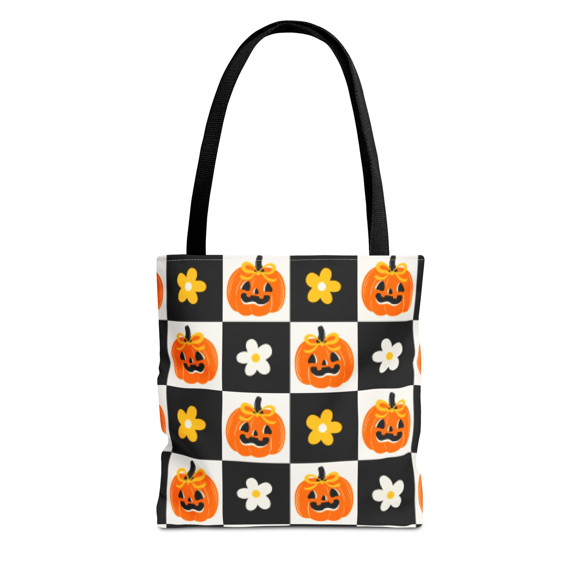 Coquette Pumpkin and Daisy Checkerboard Tote Bag - Cute Jack O Lantern Carryall