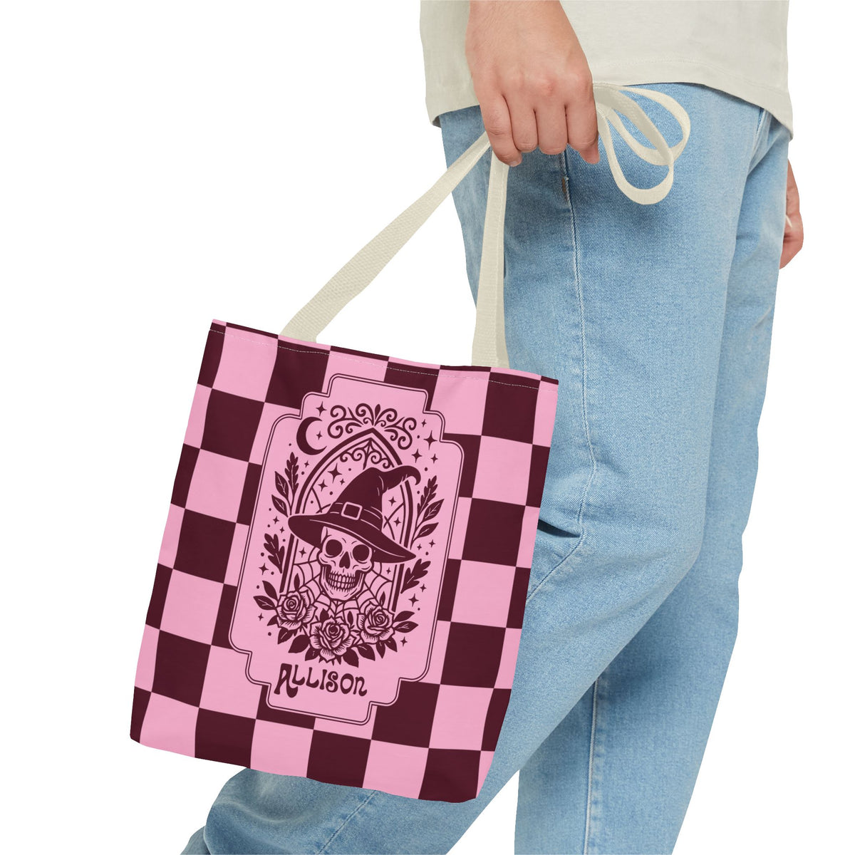Pink Spooky Checkerboard Carryall - Gothic Witch Skull Personalizable Tote
