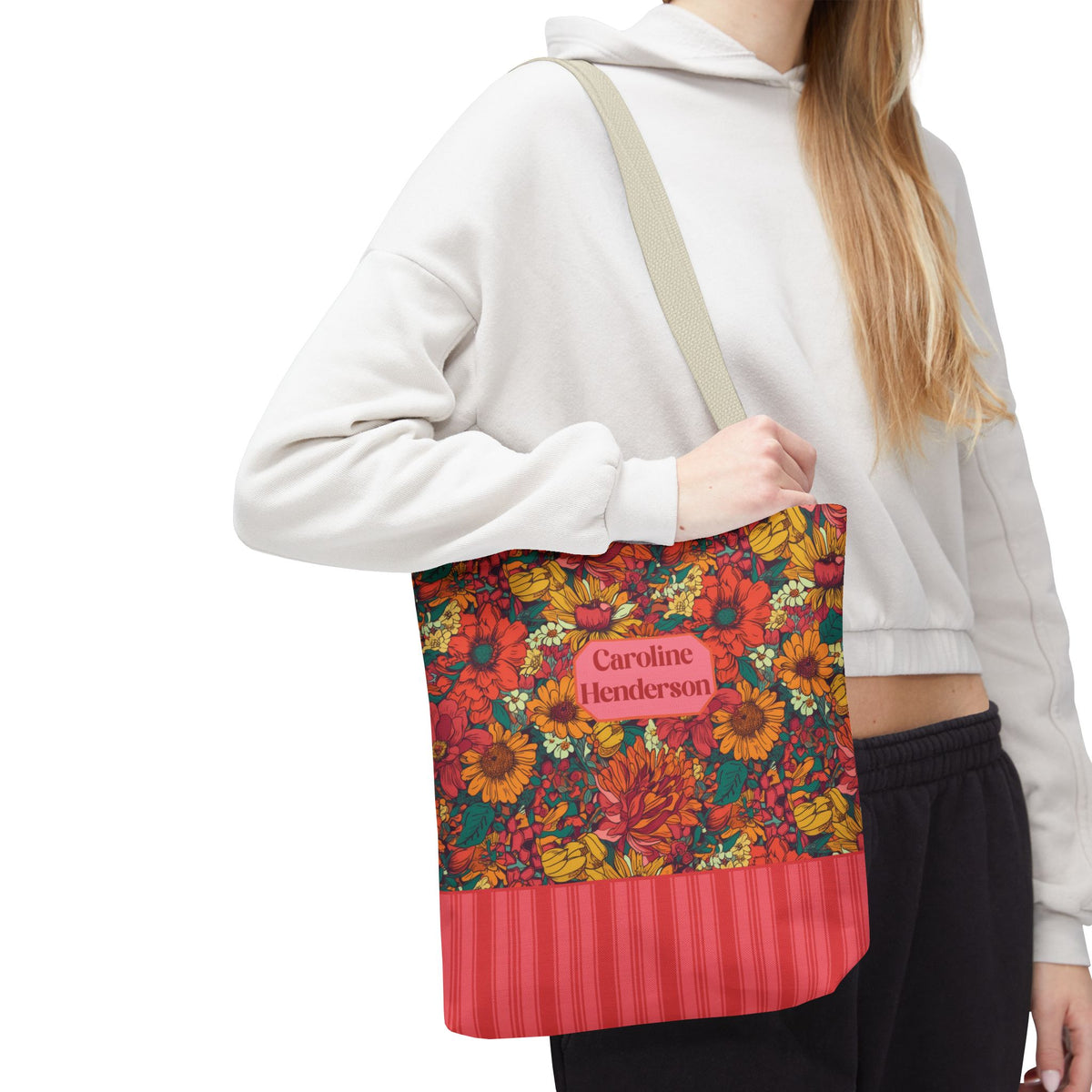 Personalizable Floral Tote - Floral Striped Harvest Tote Bag