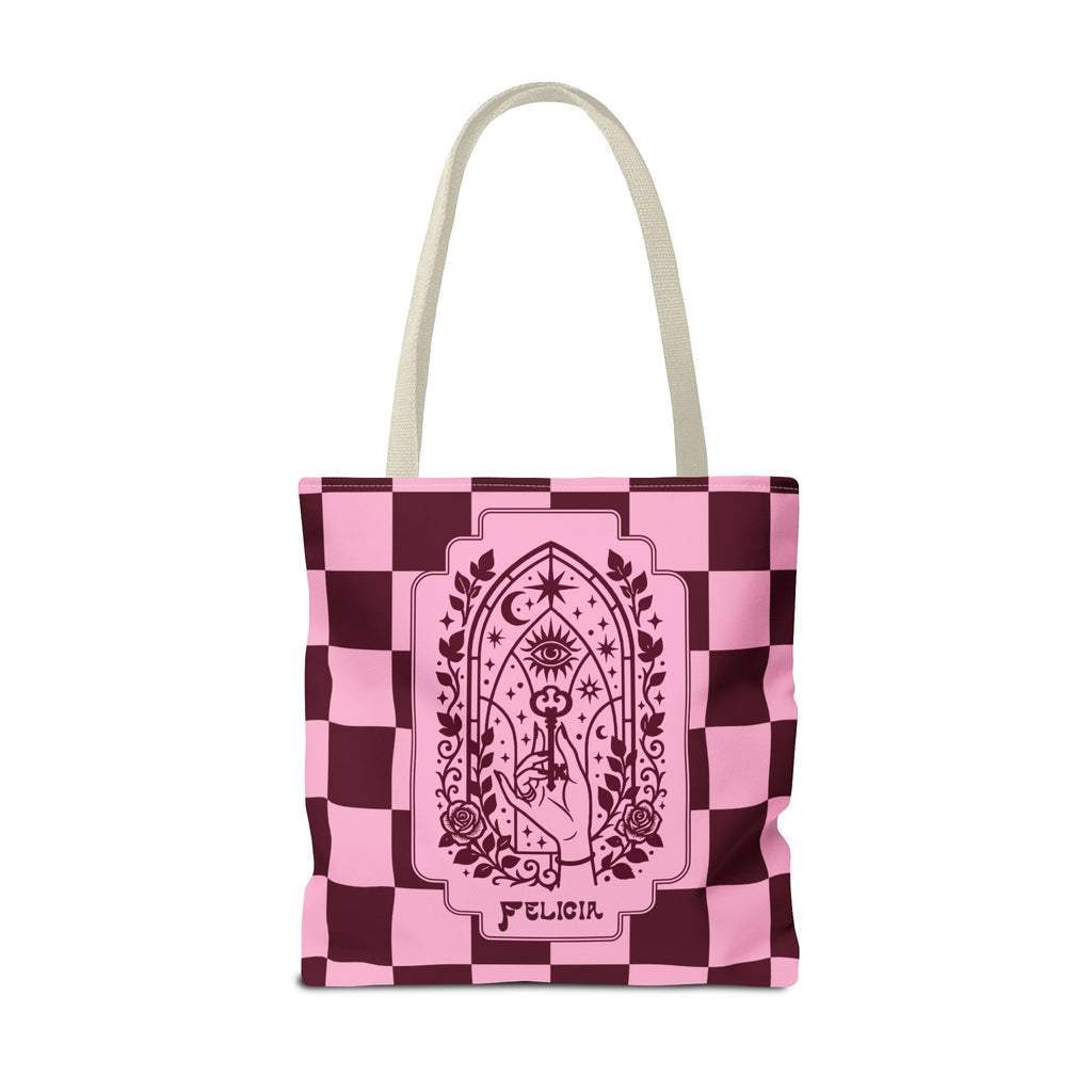 Personalizable Mystic Hand with Key Checkerboard Tote Bag – Pink and Burgundy Retro Goth Carryall