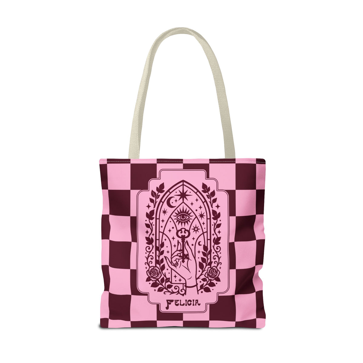 Personalizable Mystic Hand with Key Checkerboard Tote Bag – Pink and Burgundy Retro Goth Carryall