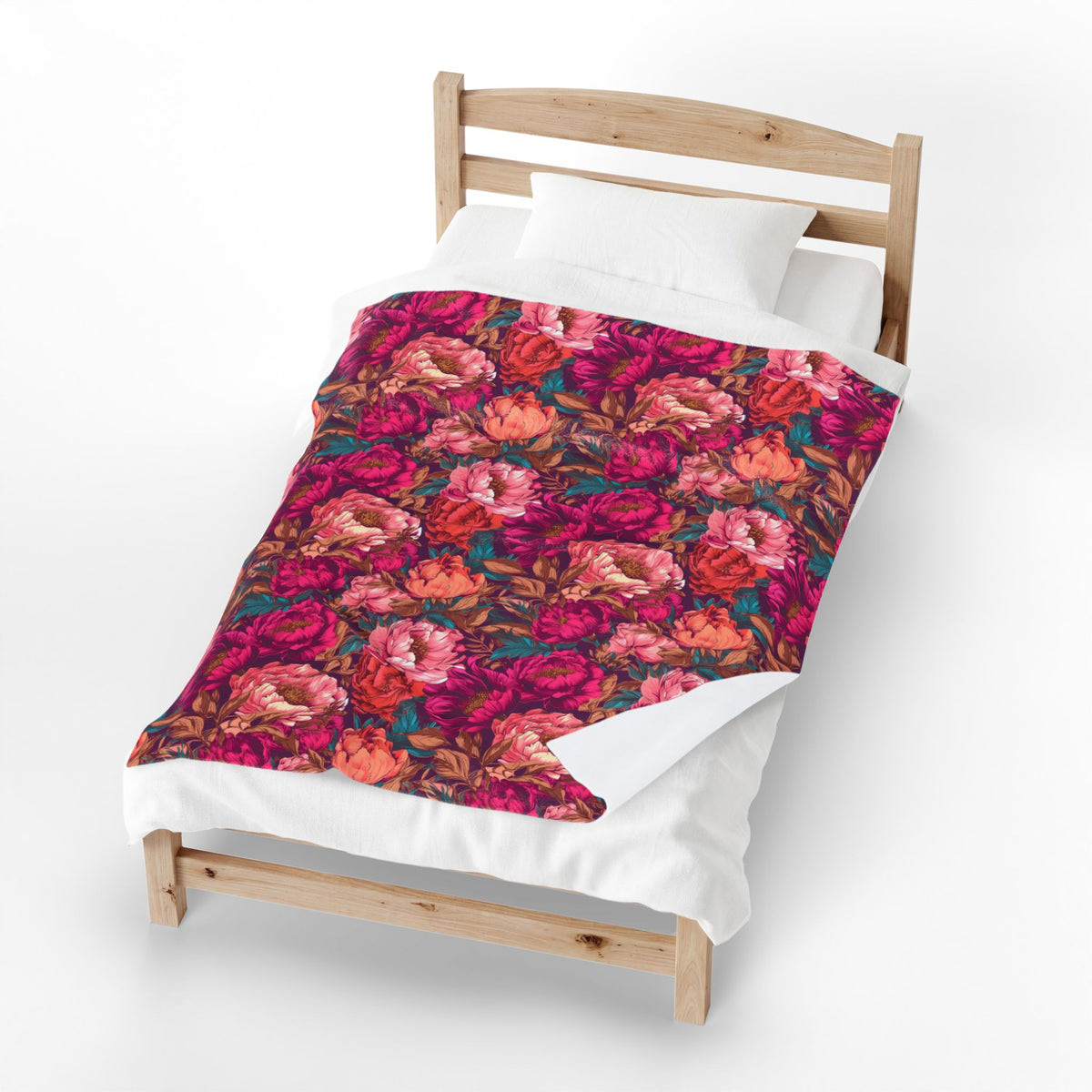 Vivid Magenta Peony Maximalist Velveteen Floral Plush Blanket
