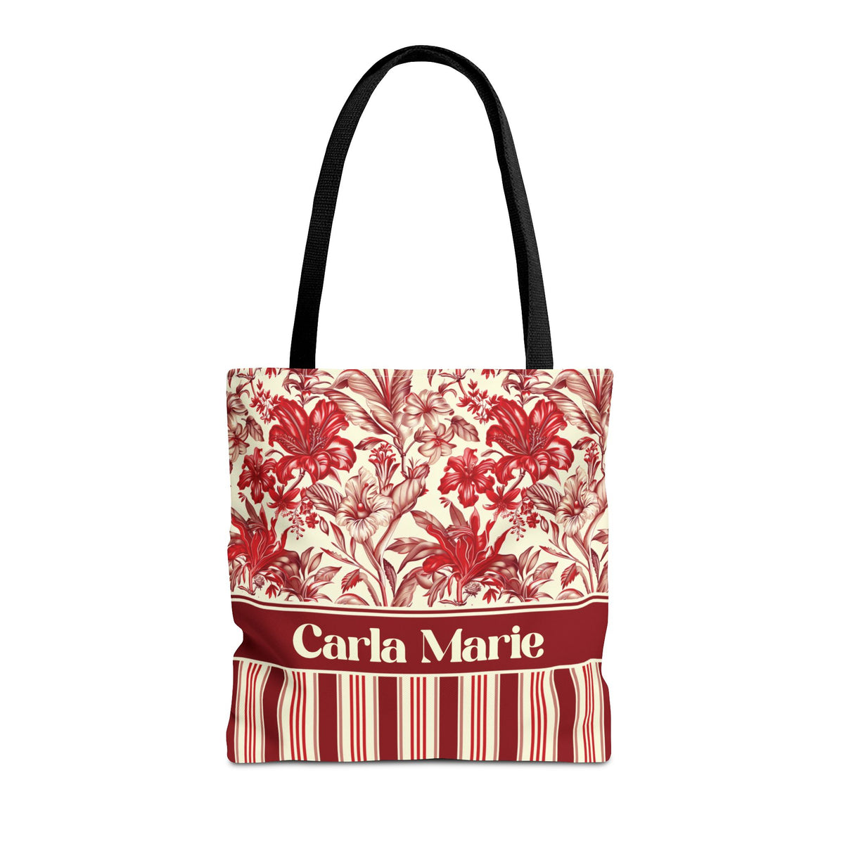 Personalizable Red Lily Tote Bag – Vintage Botanical Floral Striped Carryall