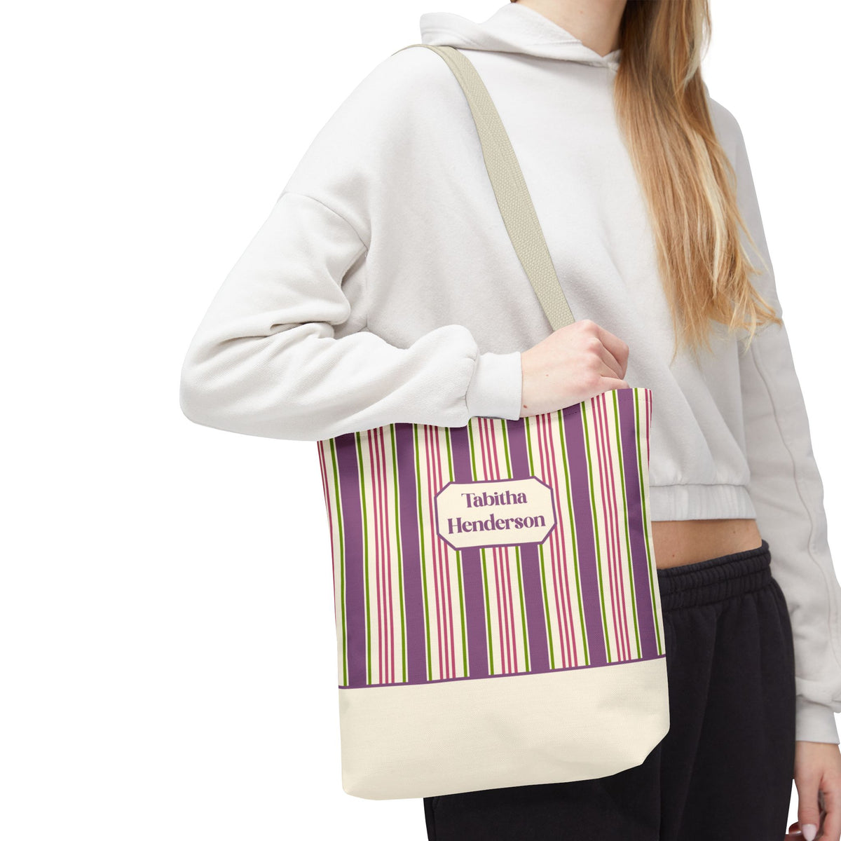 Colorful Striped Tote Bag – Personalizable Purple Pink and Green Tote