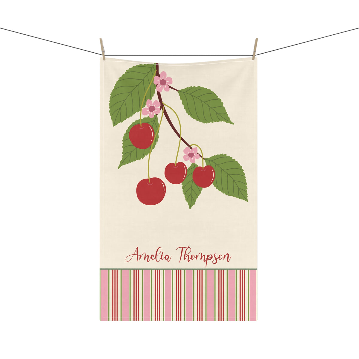 Cherry Branch Personalized Tea Towel — Custom Name Kitchen Linen