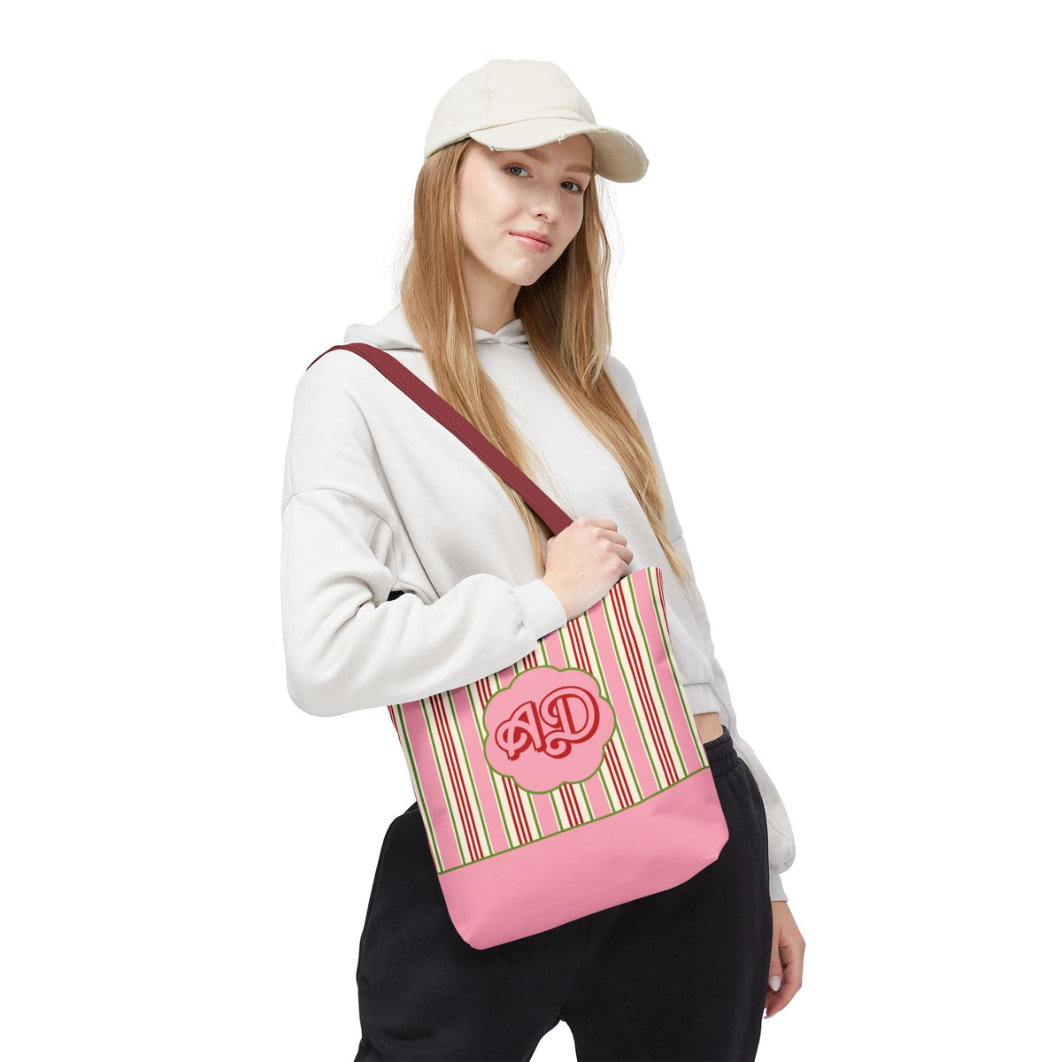 Customizable Striped Pink Tote Bag – Vintage Strawberry Stripe Monogram Tote Bag