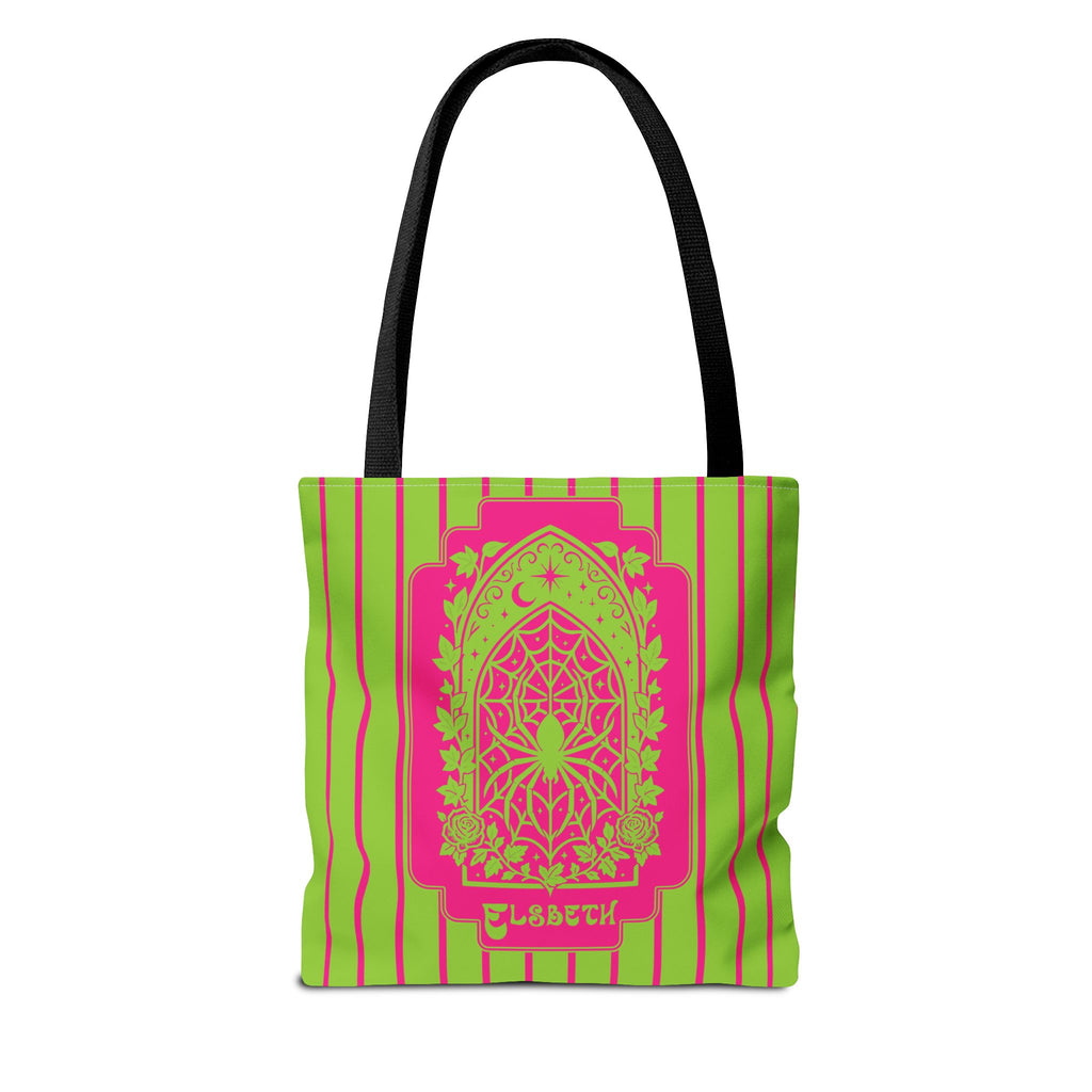 Personalized Green and Pink Retro Goth Tote with Mystic Spider Stained Glass Design
