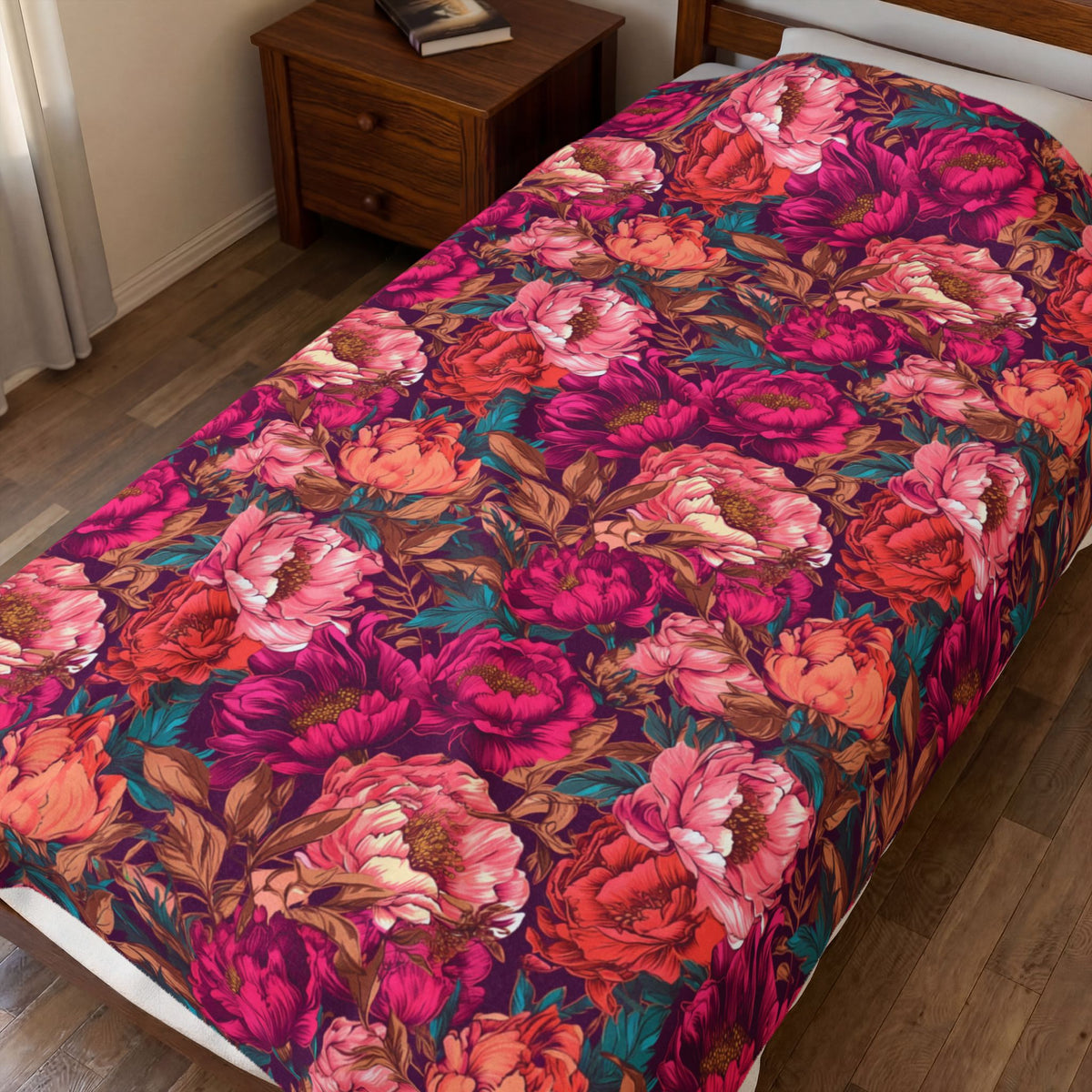 Vivid Magenta Peony Maximalist Velveteen Floral Plush Blanket