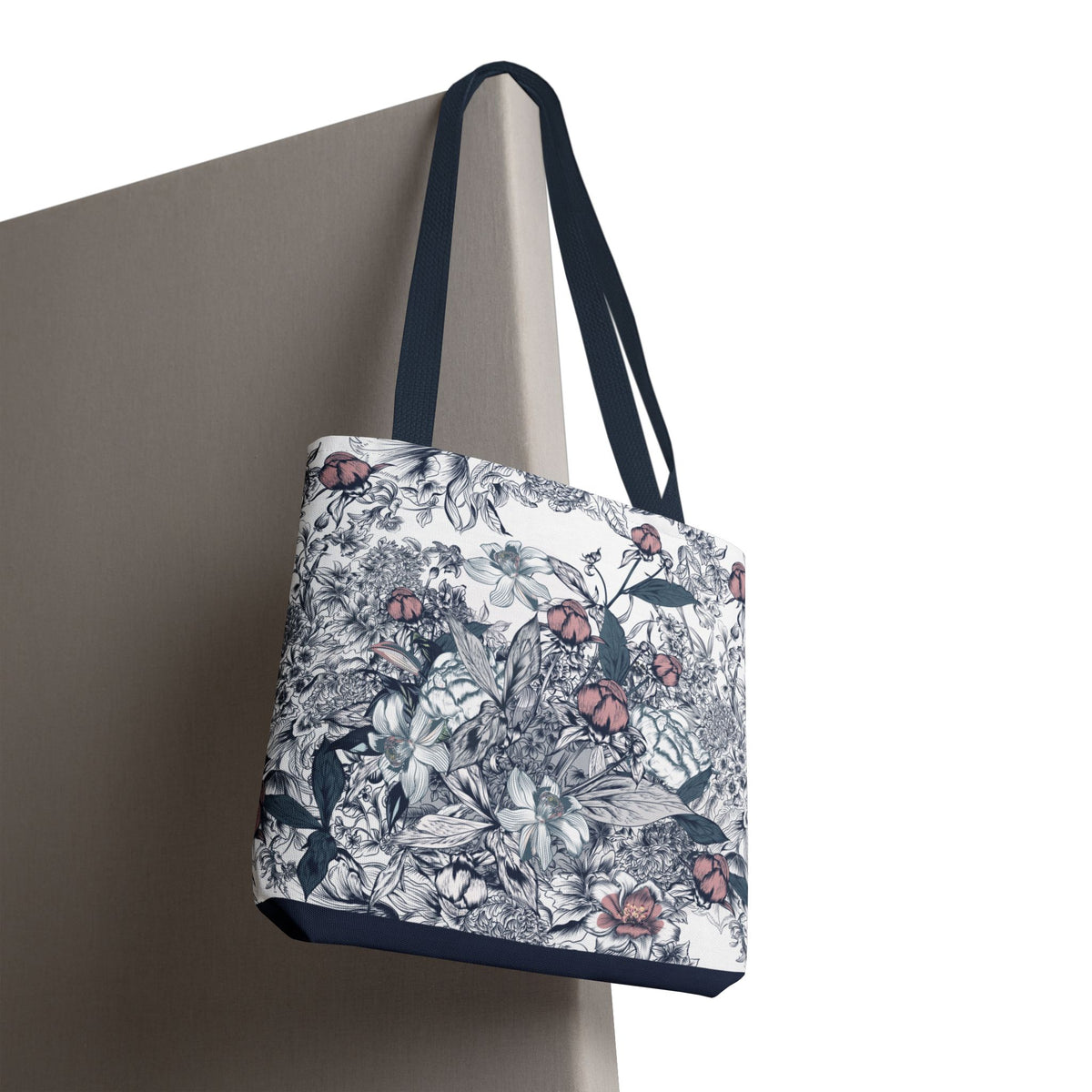 Navy and Pink Floral Sketch Tote Bag - Botanical Market Carryall