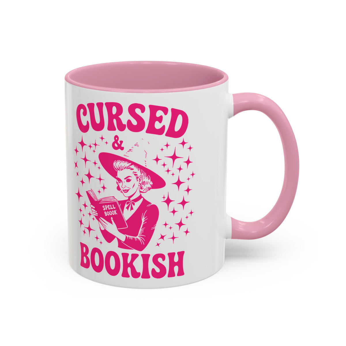 Cursed and Bookish Pink Ceramic Mug — Witchy Book Lover Coffee Cup (11oz, 15oz)