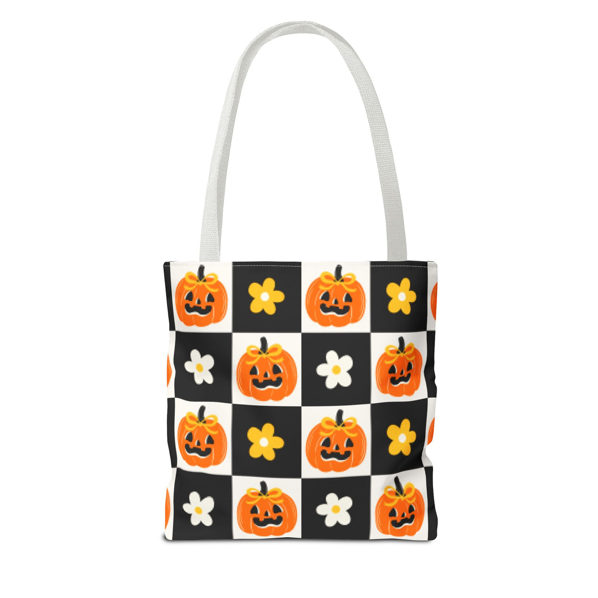 Coquette Pumpkin and Daisy Checkerboard Tote Bag - Cute Jack O Lantern Carryall