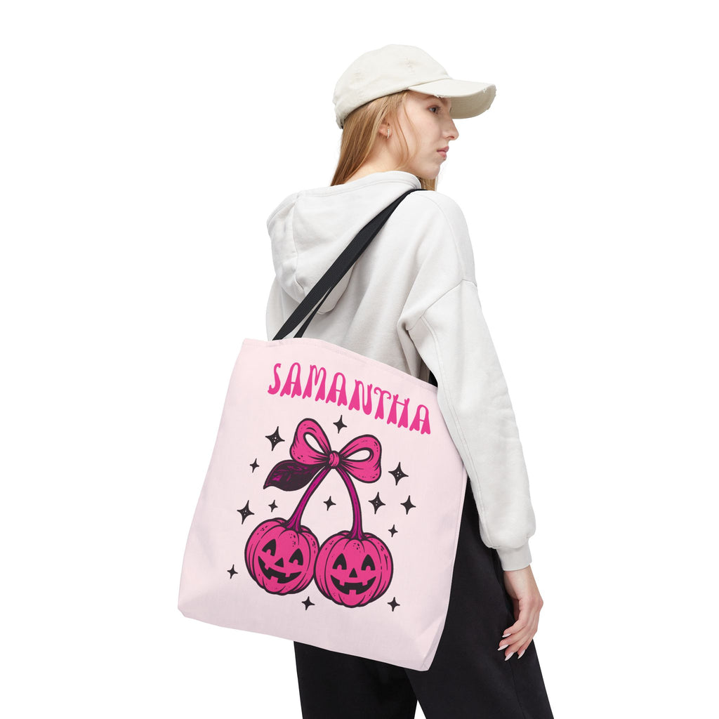 Personalized Halloween Tote - Pink Pumpkin Cherries "So Cute It's Spooky" Trick or Treat Bag