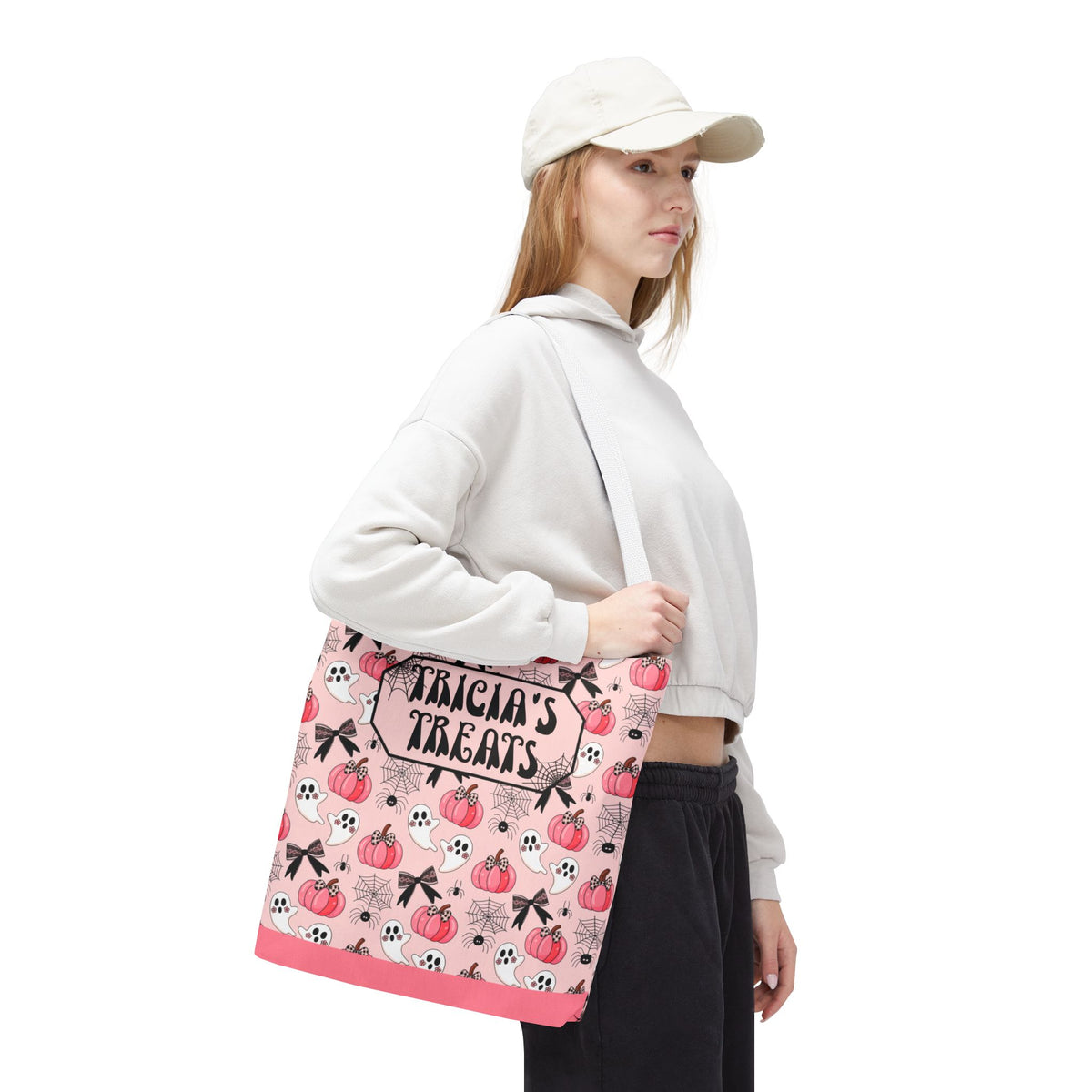 Pink Pumpkin Halloween Tote Bag - Cute Ghosts and Bows Personalizable Trick or Treat Bag