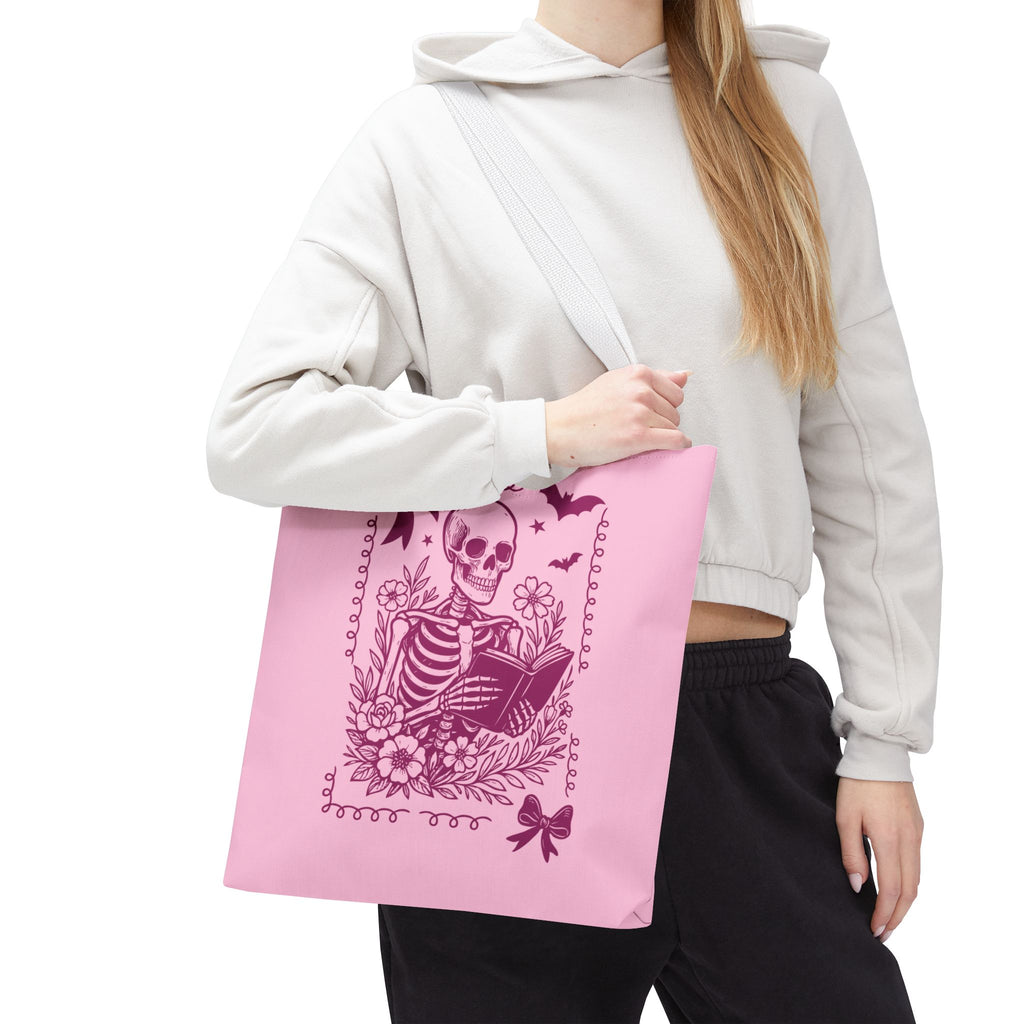 Floral Pink Reading Skeleton Tote Bag  - Cute Gothic Booklover Tote