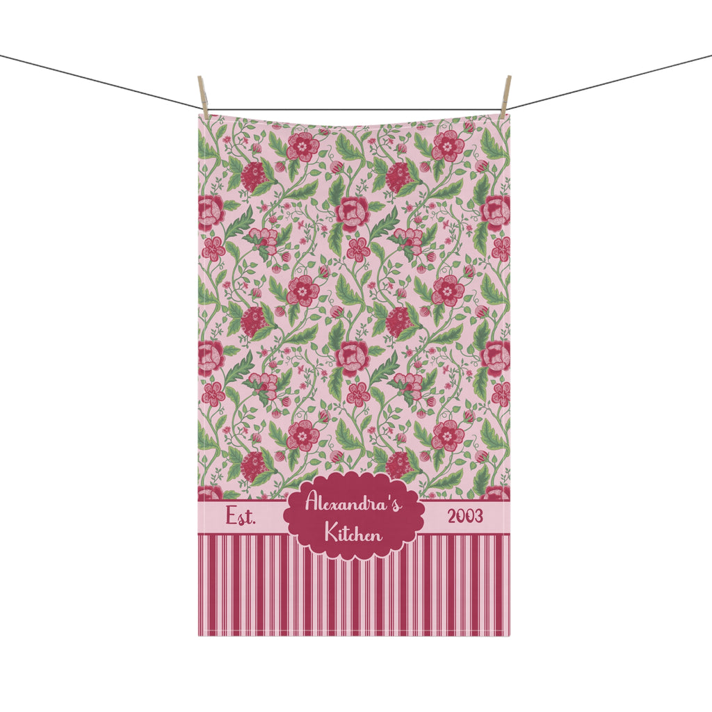 Personalizable Name and Date Tea Towel - Pink Jacobean Floral Striped Kitchen Towel
