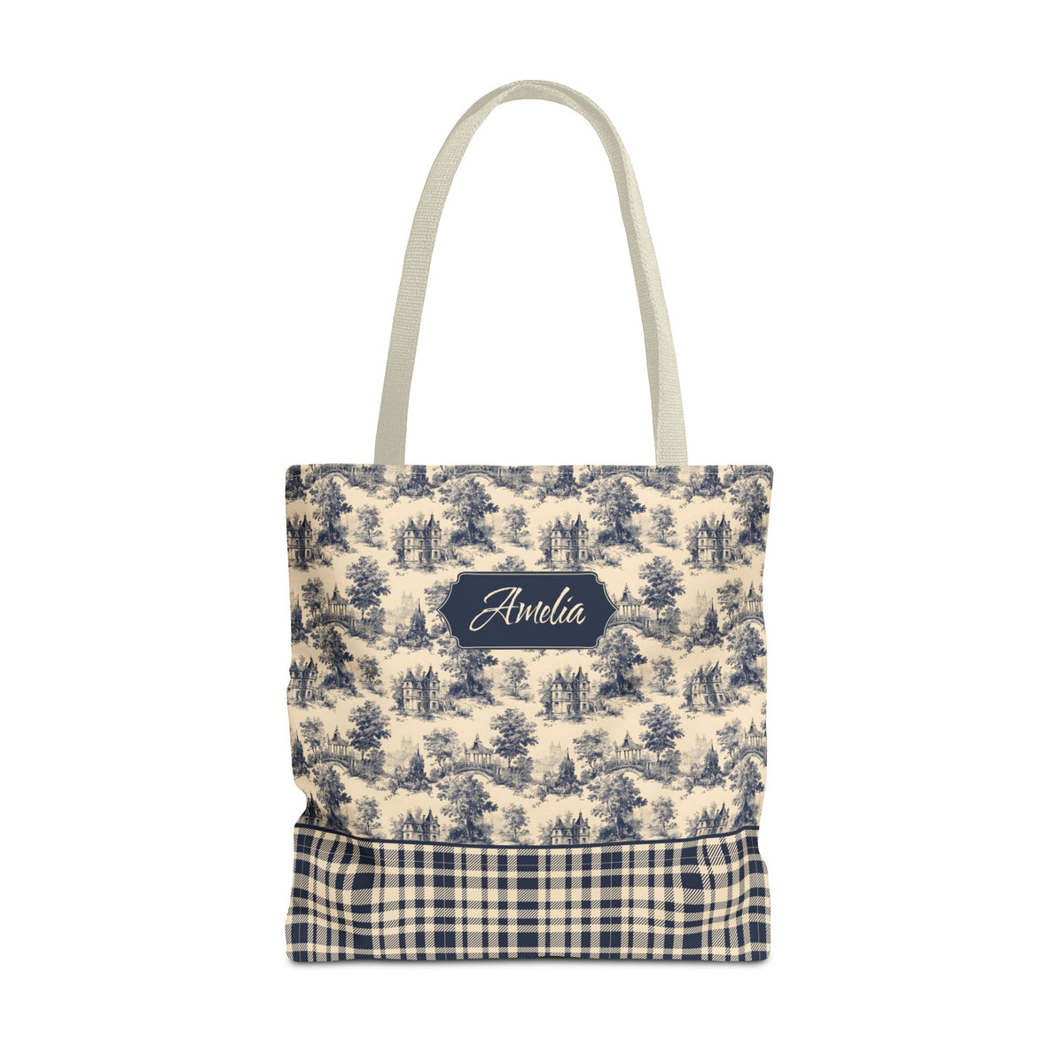 Personalizable Cottagecore Bag - Navy Toile and Plaid Tote