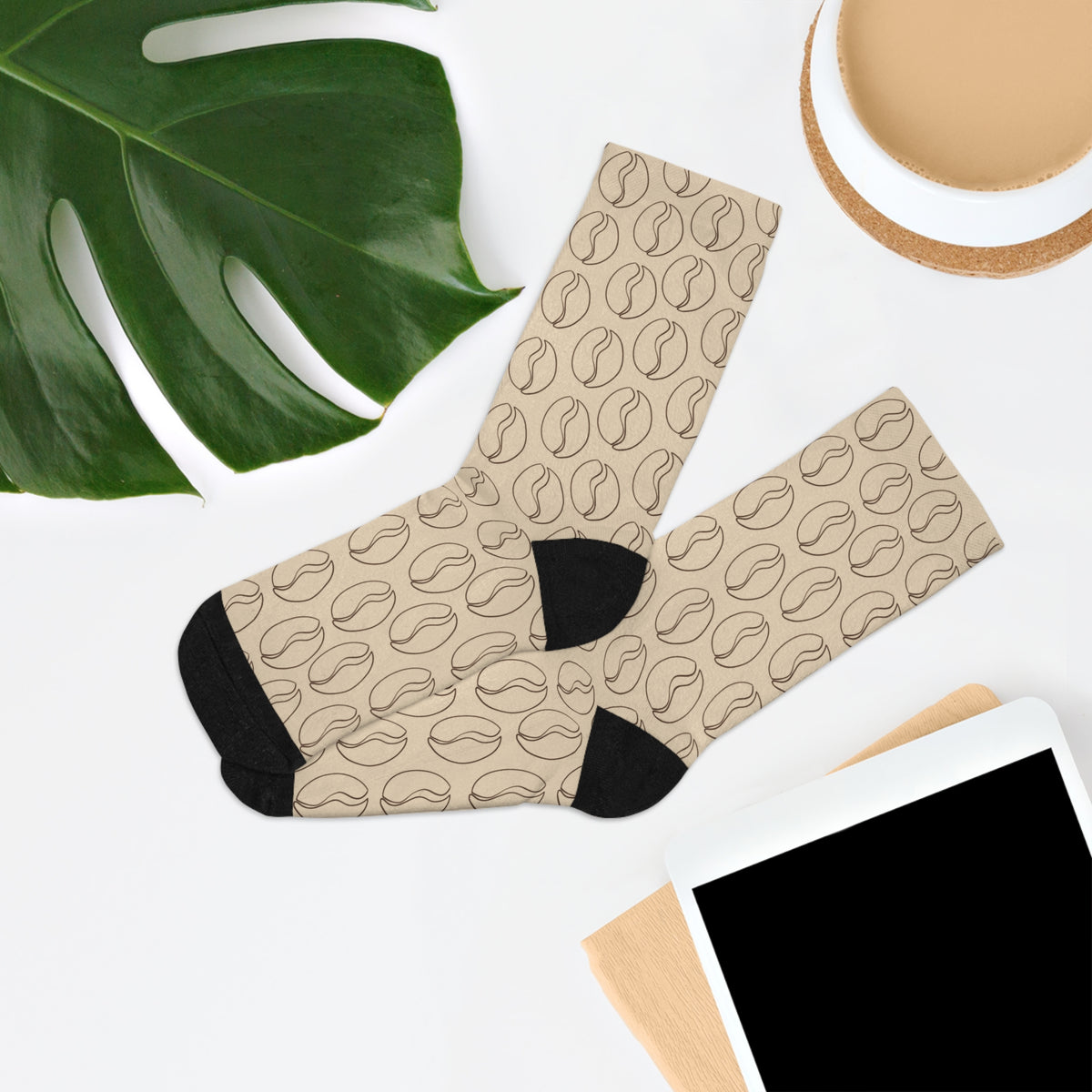 Sophisticated Coffee Lover Socks - Minimalist Coffee Bean Pattern Socks in Cream