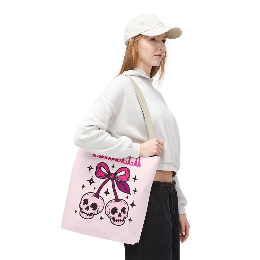 Personalized 'Creepy and Adorable' Pink Skull Cherries Tote Bag - Custom Trick-or-Treat Keepsake