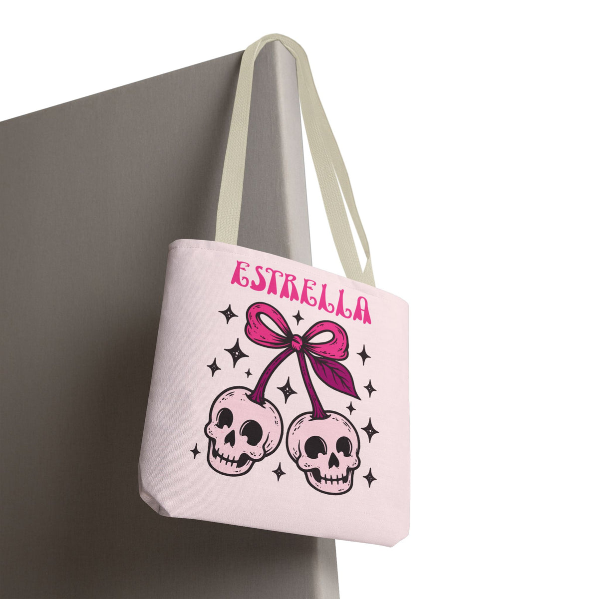 Personalized 'Creepy and Adorable' Pink Skull Cherries Tote Bag - Custom Trick-or-Treat Keepsake