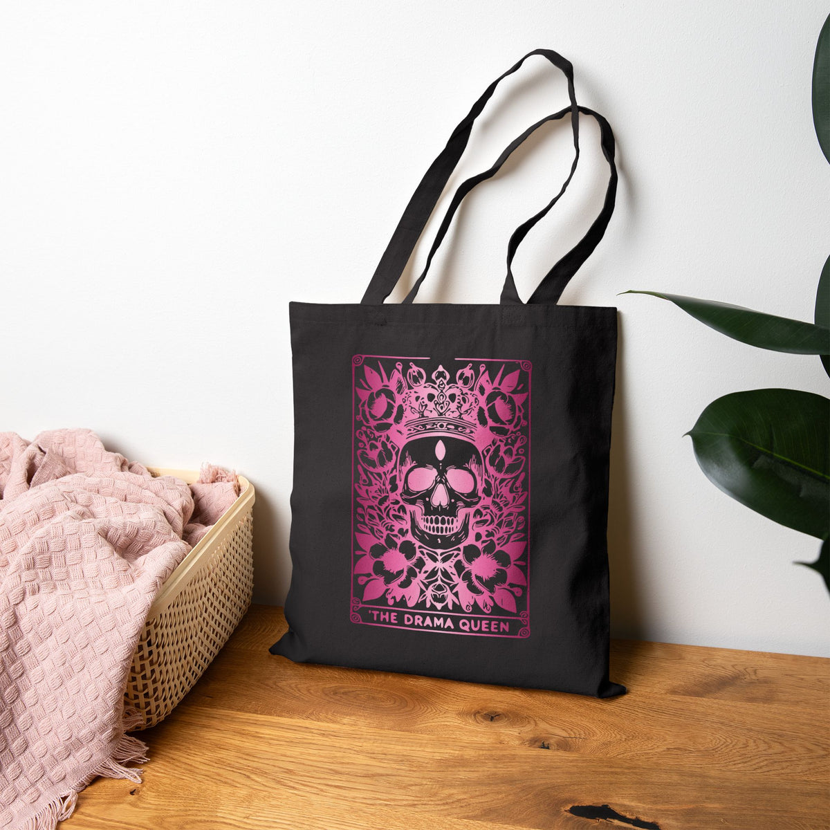 "The Drama Queen" Tarot Bag -Pink Gradient Floral Skull Cotton Canvas Tote